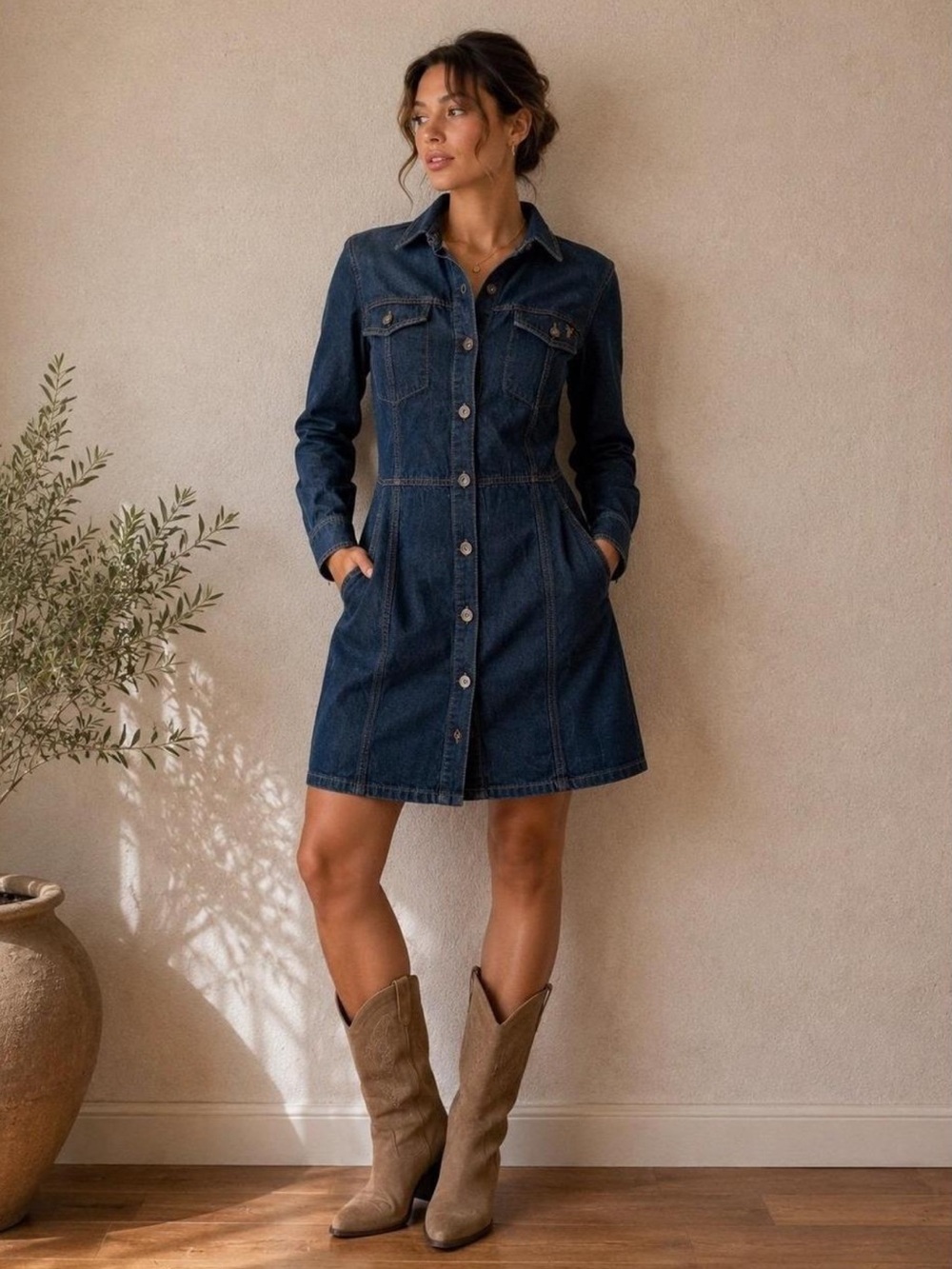 FRYE Blue Dark Wash Denim Shirt Dress Button Front Cinch Waist Size M NWT